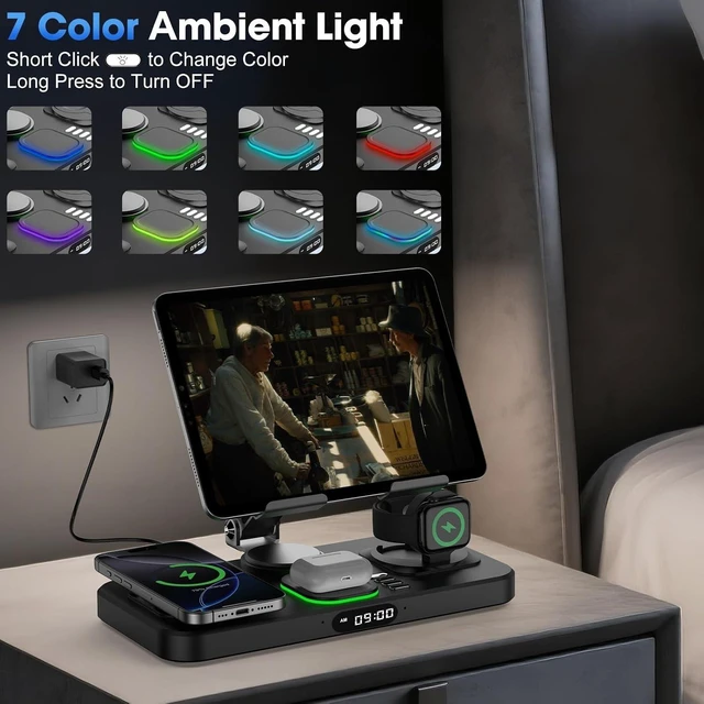 Alt view image 3 of 7 - 6-in-1 Wireless Charging Station with Clock & 7-Color Ambient Light, Foldable for iPad, iPhone & Watch