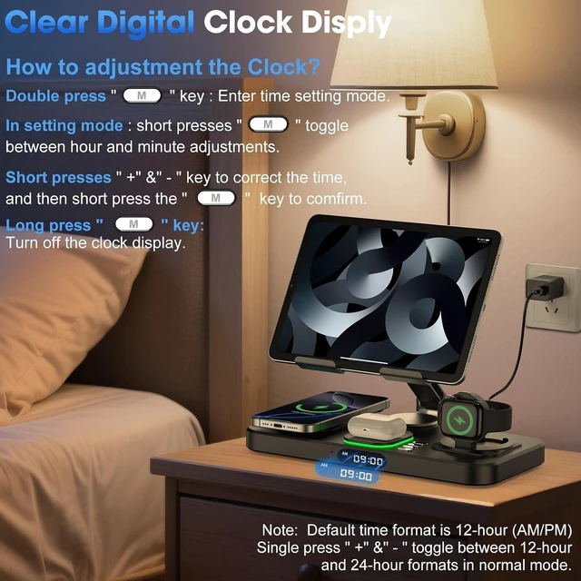 Alt view image 4 of 7 - 6-in-1 Wireless Charging Station with Clock & 7-Color Ambient Light, Foldable for iPad, iPhone & Watch