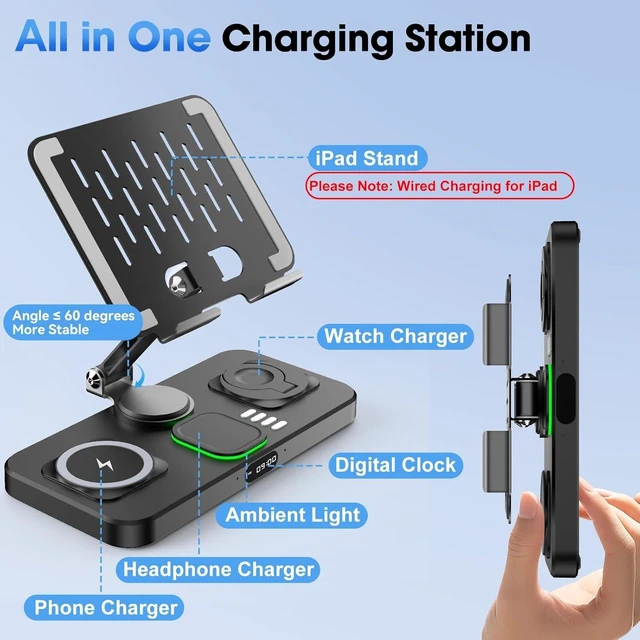 Alt view image 5 of 7 - 6-in-1 Wireless Charging Station with Clock & 7-Color Ambient Light, Foldable for iPad, iPhone & Watch