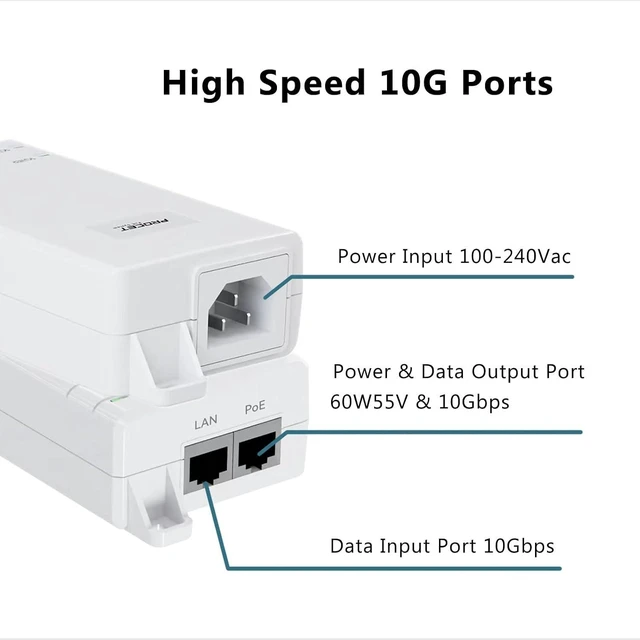Alt view image 2 of 5 - 60W 10Gbps PoE++ Injector, IEEE802.3bt/at/af Compliant, Supplies 15.4W/30W/60W Power Over Ethernet up to 328ft for Camera / Access Point, EN60GB-10