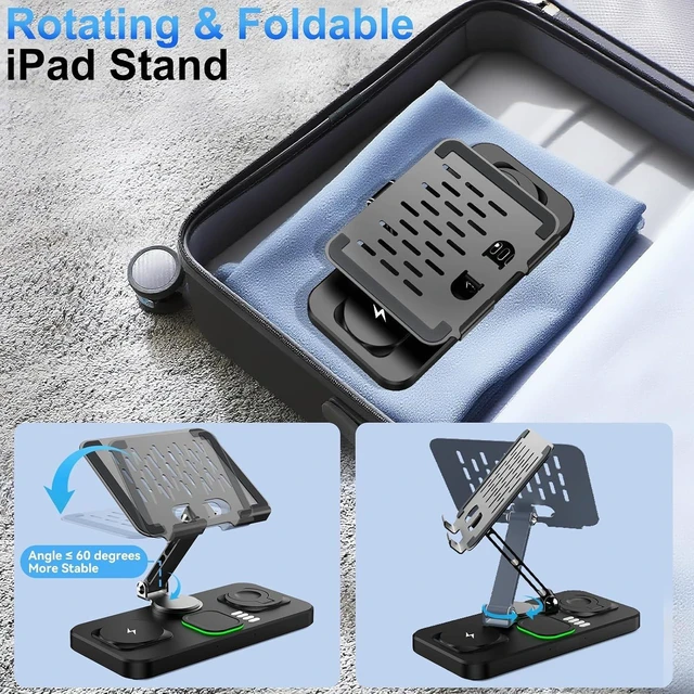 Alt view image 7 of 7 - 6-in-1 Wireless Charging Station with Clock & 7-Color Ambient Light, Foldable for iPad, iPhone & Watch