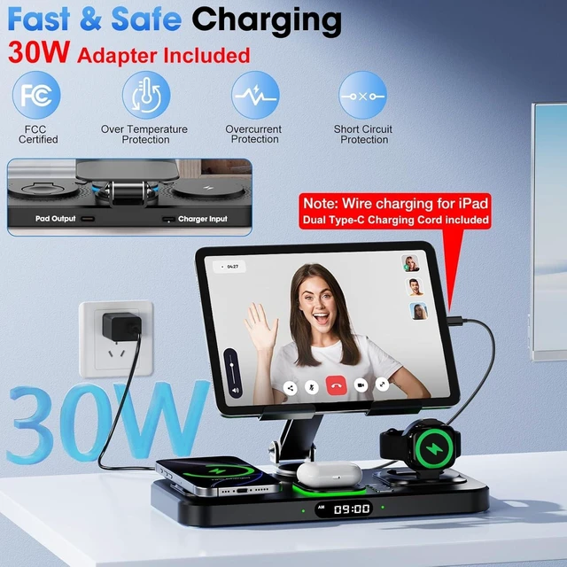 Alt view image 6 of 7 - 6-in-1 Wireless Charging Station with Clock & 7-Color Ambient Light, Foldable for iPad, iPhone & Watch