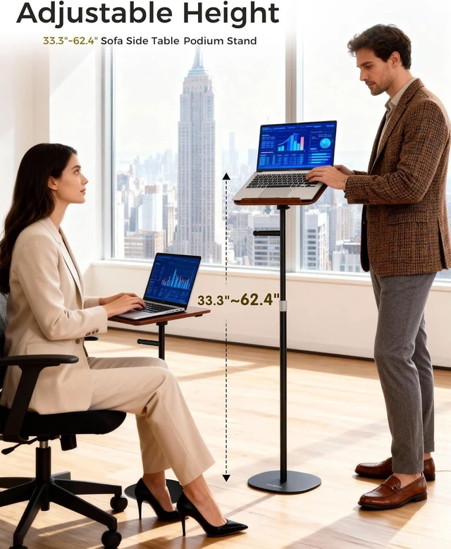 Alt view image 2 of 7 - Wood Laptop Floor Stand Adjustable Height Tablet & Music Stand, Tall Hands-Free Book Stand for Projector, Office & Study, Brown