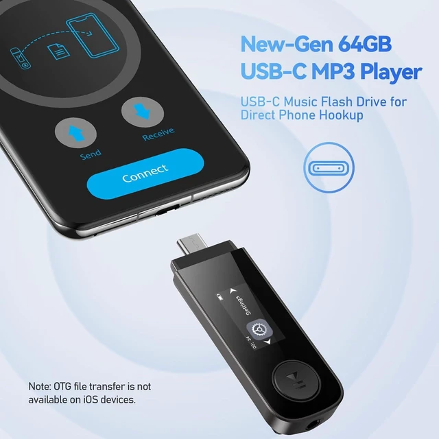 Alt view image 2 of 7 - 64GB Bluetooth MP3 Player with Clip U5PL 2-in-1 Type-C & USB Music Player with FM Radio, Recording & Mobile Phone Connection (Gray)