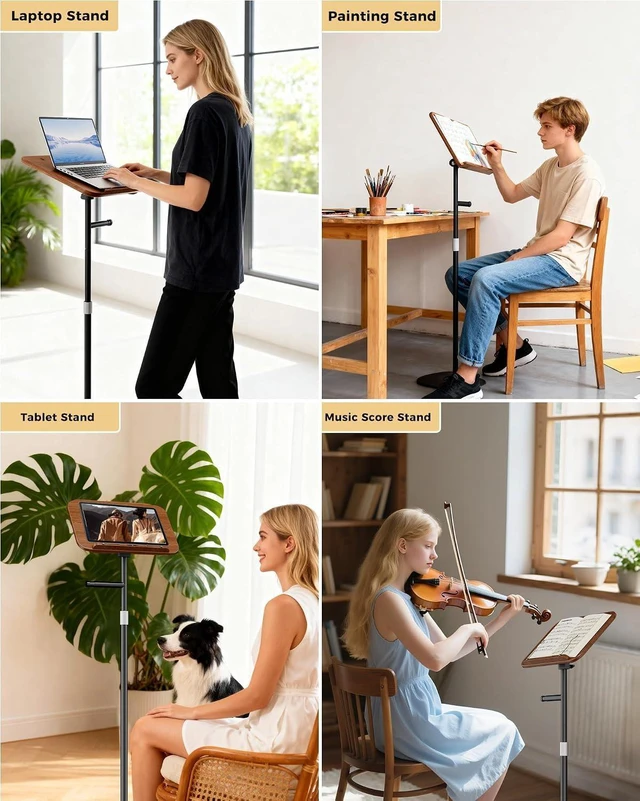 Alt view image 7 of 7 - Wood Laptop Floor Stand Adjustable Height Tablet & Music Stand, Tall Hands-Free Book Stand for Projector, Office & Study, Brown