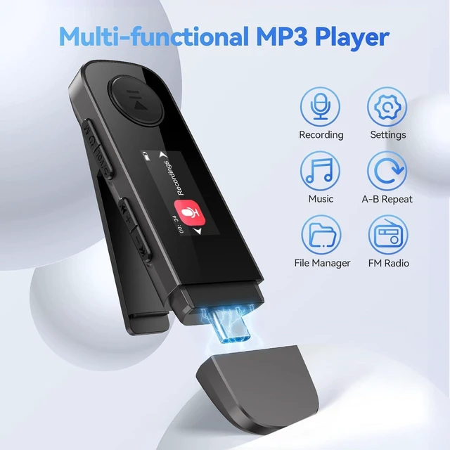 Alt view image 3 of 7 - 64GB Bluetooth MP3 Player with Clip U5PL 2-in-1 Type-C & USB Music Player with FM Radio, Recording & Mobile Phone Connection (Gray)
