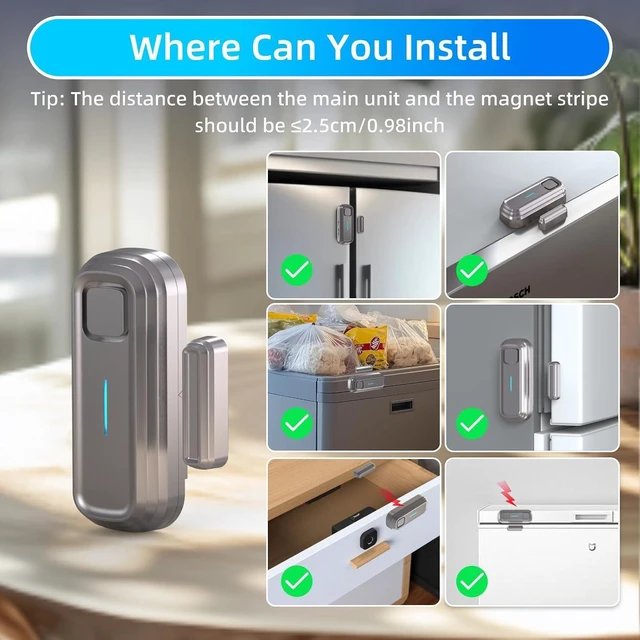 Alt view image 5 of 7 - Refrigerator & Freezer Door Alarm Adjustable 1-4 Min Delay & 0-120dB Siren, Door/Window Sensor for Home or Business (2 Pack, Grey)