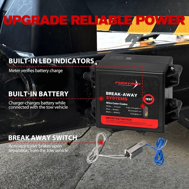 Alt view image 4 of 7 - Trailer Breakaway Kit with Battery, Switch & Built-in 12V 5A Charger