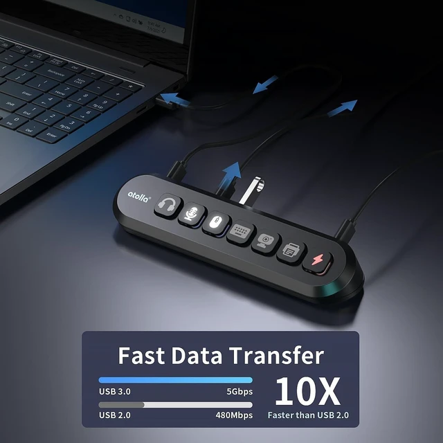 Alt view image 5 of 7 - 7-Port Powered USB Hub 4 USB-A 3.0 + 2 USB-C 3.0 + 1 Fast-Charging Port, 36W with LED Switches, 13 Keycaps, 12V/3A Adapter for Windows/MacOS/Linux