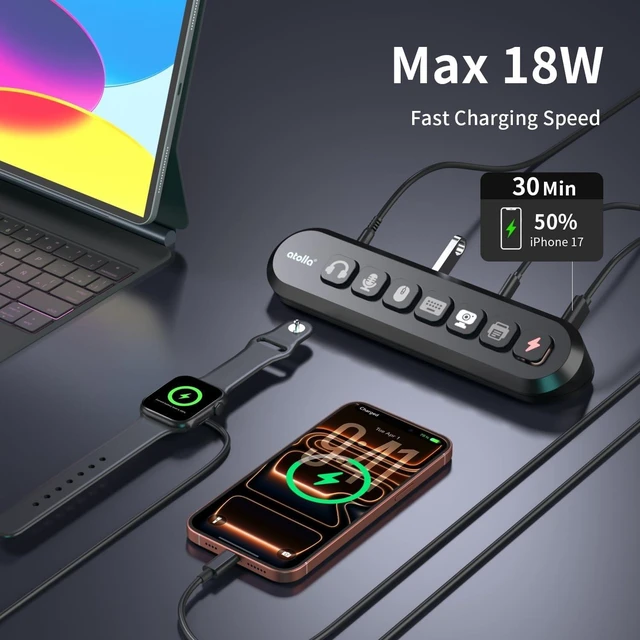 Alt view image 4 of 7 - 7-Port Powered USB Hub 4 USB-A 3.0 + 2 USB-C 3.0 + 1 Fast-Charging Port, 36W with LED Switches, 13 Keycaps, 12V/3A Adapter for Windows/MacOS/Linux