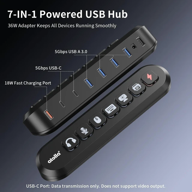 Alt view image 2 of 7 - 7-Port Powered USB Hub 4 USB-A 3.0 + 2 USB-C 3.0 + 1 Fast-Charging Port, 36W with LED Switches, 13 Keycaps, 12V/3A Adapter for Windows/MacOS/Linux