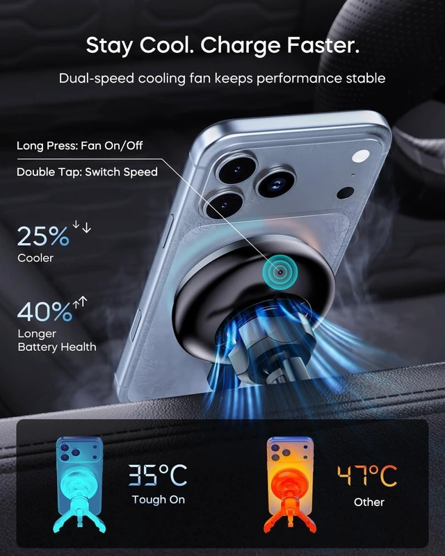 Alt view image 4 of 7 - Qi2.2 25W MagSafe Car Mount Charger Wireless Air-Vent Holder with Cooling Fan, 45W Adapter for iPhone 17/16/15 & Samsung Galaxy