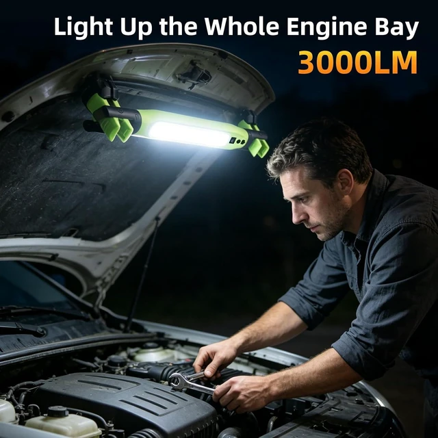 Alt view image 2 of 7 - 2-Pack Rechargeable LED Work Light, 3000LM Portable Mechanic Light with Magnetic Base, Hanging Hooks & Clamps, 4-Mode Under-Hood Light with Red SOS for Car Repair & Garage