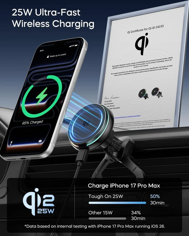 Alt view image 2 of 7 - Qi2.2 25W MagSafe Car Mount Charger Wireless Air-Vent Holder with Cooling Fan, 45W Adapter for iPhone 17/16/15 & Samsung Galaxy