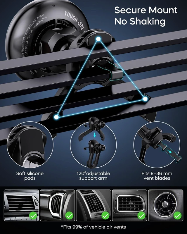 Alt view image 5 of 7 - Qi2.2 25W MagSafe Car Mount Charger Wireless Air-Vent Holder with Cooling Fan, 45W Adapter for iPhone 17/16/15 & Samsung Galaxy