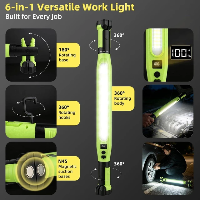 Alt view image 3 of 7 - 2-Pack Rechargeable LED Work Light, 3000LM Portable Mechanic Light with Magnetic Base, Hanging Hooks & Clamps, 4-Mode Under-Hood Light with Red SOS for Car Repair & Garage
