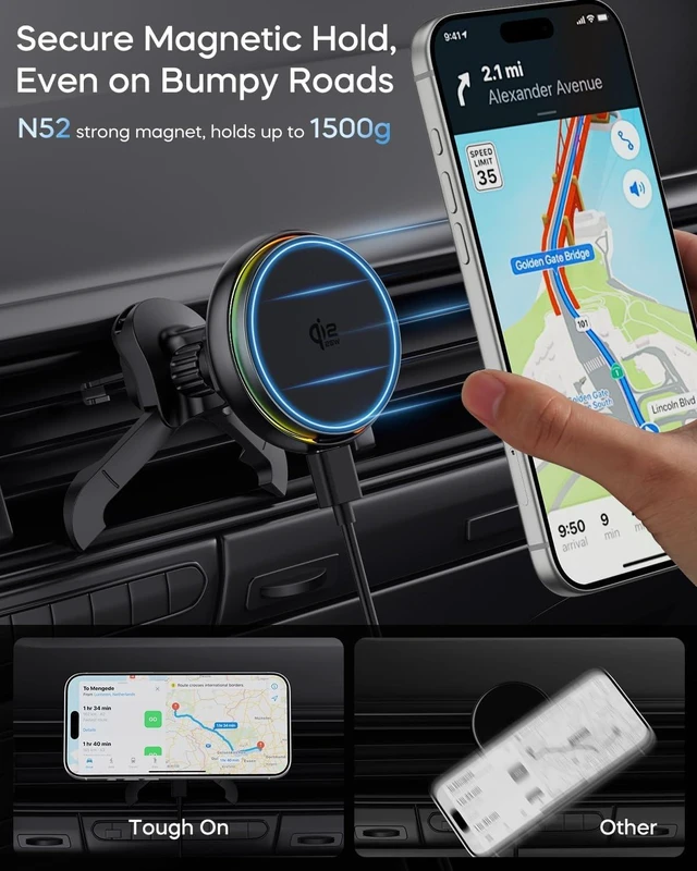 Alt view image 7 of 7 - Qi2.2 25W MagSafe Car Mount Charger Wireless Air-Vent Holder with Cooling Fan, 45W Adapter for iPhone 17/16/15 & Samsung Galaxy