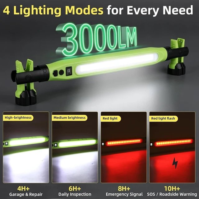 Alt view image 4 of 7 - 2-Pack Rechargeable LED Work Light, 3000LM Portable Mechanic Light with Magnetic Base, Hanging Hooks & Clamps, 4-Mode Under-Hood Light with Red SOS for Car Repair & Garage