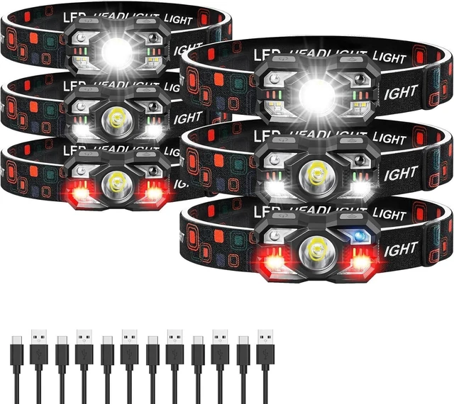 Main image of 6-Pack Rechargeable Headlamp 3000 Lumen Ultra-Light Bright with White & Red Light, Motion Sensor, 5+5 Modes for Camping, Fishing, Running & Hiking