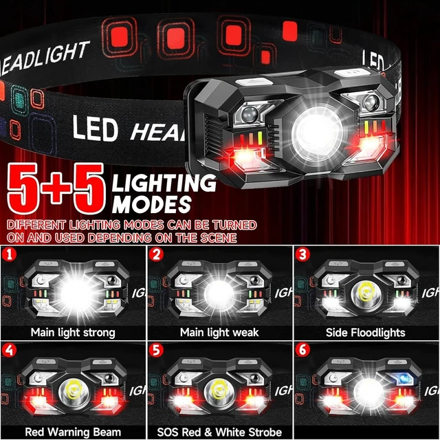 Alt view image 2 of 6 - 6-Pack Rechargeable Headlamp 3000 Lumen Ultra-Light Bright with White & Red Light, Motion Sensor, 5+5 Modes for Camping, Fishing, Running & Hiking