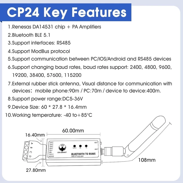 Alt view image 2 of 7 - DX-CP24 Bluetooth to RS485 Serial Adapter Industrial Wireless Communication Module Converter, Turns Wired 485 Devices Wireless (CP24 for Device)