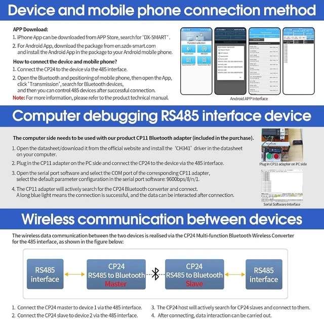 Alt view image 5 of 7 - DX-CP24 Bluetooth to RS485 Serial Adapter Industrial Wireless Communication Module Converter, Turns Wired 485 Devices Wireless (CP24 for Device)