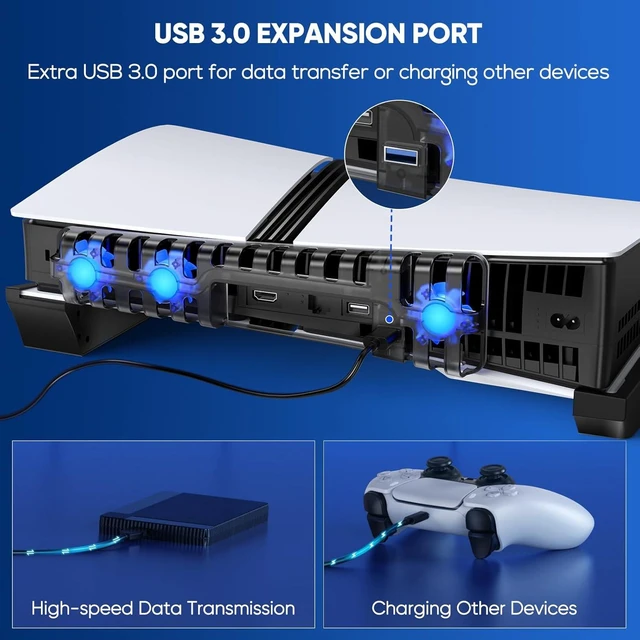 Alt view image 6 of 7 - Horizontal Stand & Cooling Fan for PS5 Pro/Slim - Auto Fan Speed by Temperature, Controller Charger Station, 3 Fans & 2 USB 3.0 + 3 USB 2.0 Hub