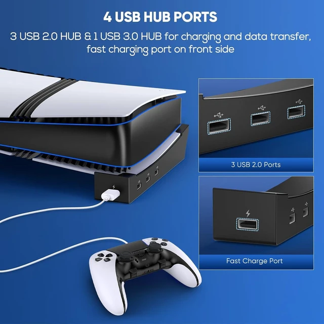 Alt view image 5 of 7 - Horizontal Stand & Cooling Fan for PS5 Pro/Slim - Auto Fan Speed by Temperature, Controller Charger Station, 3 Fans & 2 USB 3.0 + 3 USB 2.0 Hub
