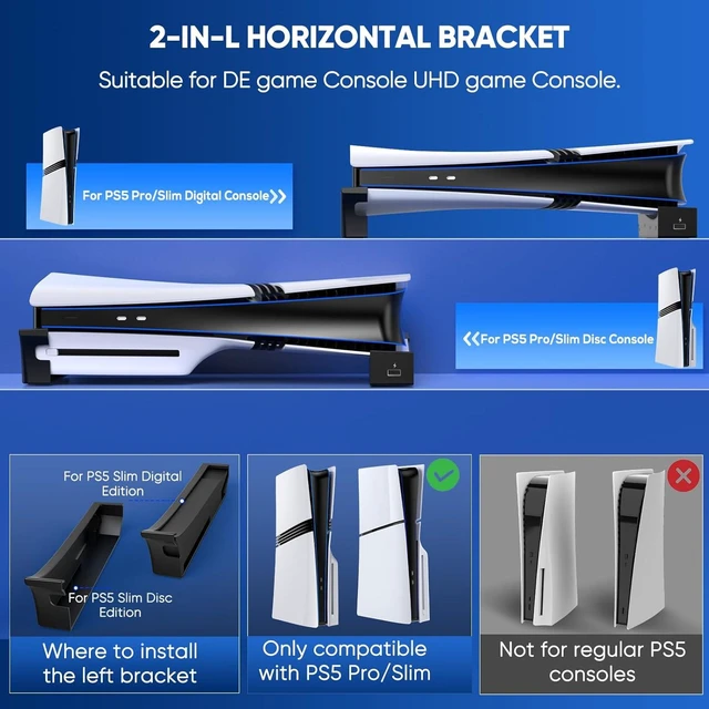 Alt view image 3 of 7 - Horizontal Stand & Cooling Fan for PS5 Pro/Slim - Auto Fan Speed by Temperature, Controller Charger Station, 3 Fans & 2 USB 3.0 + 3 USB 2.0 Hub