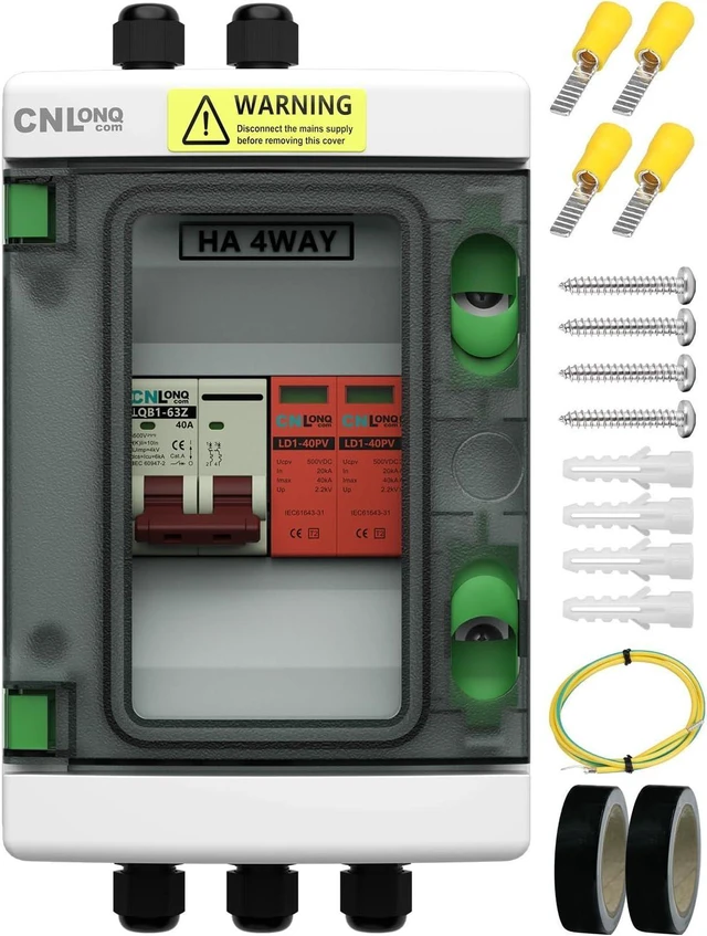 Main image of 40 Amp DC 500V Solar Disconnect Switch Circuit Breaker with Lightning Surge Protector, IP65 Breaker Box for Outdoor Solar Systems