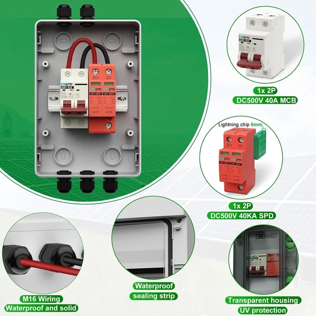 Alt view image 3 of 7 - 40 Amp DC 500V Solar Disconnect Switch Circuit Breaker with Lightning Surge Protector, IP65 Breaker Box for Outdoor Solar Systems