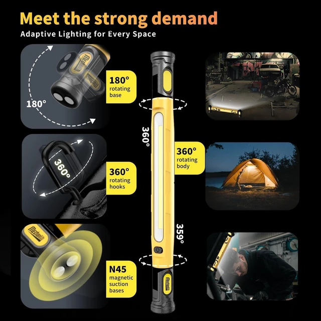 Alt view image 5 of 7 - 2Pack 3000LM Magnetic LED Under Hood Work Light Bar with Hooks 5200mAh Cordless Rechargeable for Mechanic/Car Repairing/Garage-Yellow