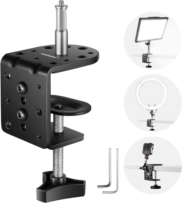 Main image of Heavy Duty C Clamp with Mounting Column for Light Stand - Adjustable Metal Desk Clamp with 1/4" 3/8" Screws for Ring Light, LED Video Light, Camera, Max Load 44lb/20kg, ST-CCD1