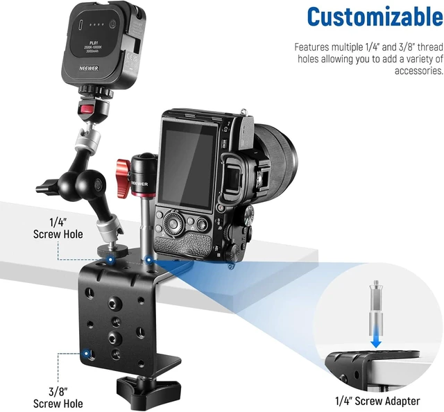 Alt view image 2 of 7 - Heavy Duty C Clamp with Mounting Column for Light Stand - Adjustable Metal Desk Clamp with 1/4" 3/8" Screws for Ring Light, LED Video Light, Camera, Max Load 44lb/20kg, ST-CCD1