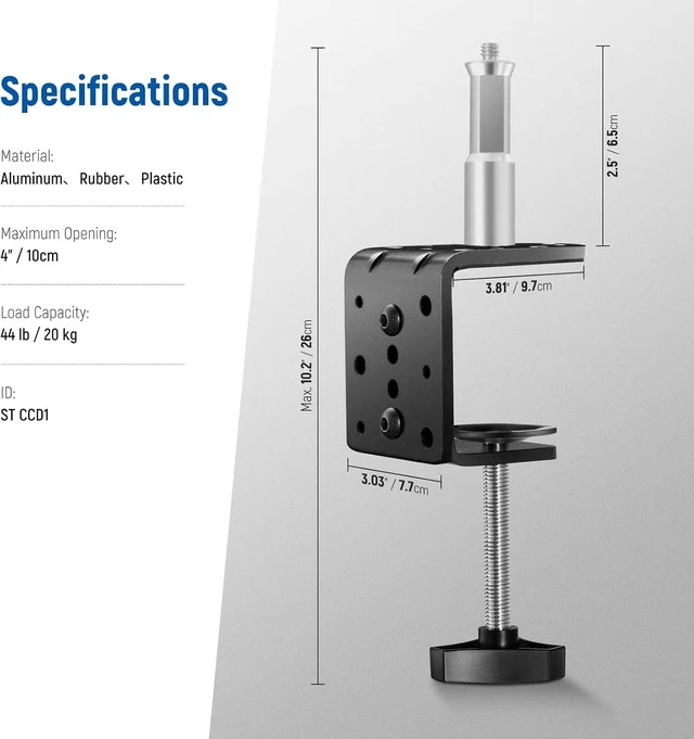 Alt view image 3 of 7 - Heavy Duty C Clamp with Mounting Column for Light Stand - Adjustable Metal Desk Clamp with 1/4" 3/8" Screws for Ring Light, LED Video Light, Camera, Max Load 44lb/20kg, ST-CCD1