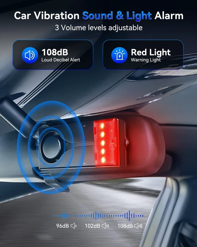 Alt view image 2 of 7 - 108dB Car Anti-Theft Alarm System Vibration Sensor with Red Light, Wireless Remote Vehicle Device, Magnetic Install for RV, SUV & Truck
