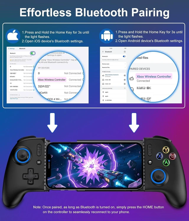 Alt view image 4 of 7 - Wireless Mobile Gaming Controller for iPhone/Android with Hall Joysticks/Triggers Supports Phone Case for Xbox Game Pass, Steam Link & More (Black)