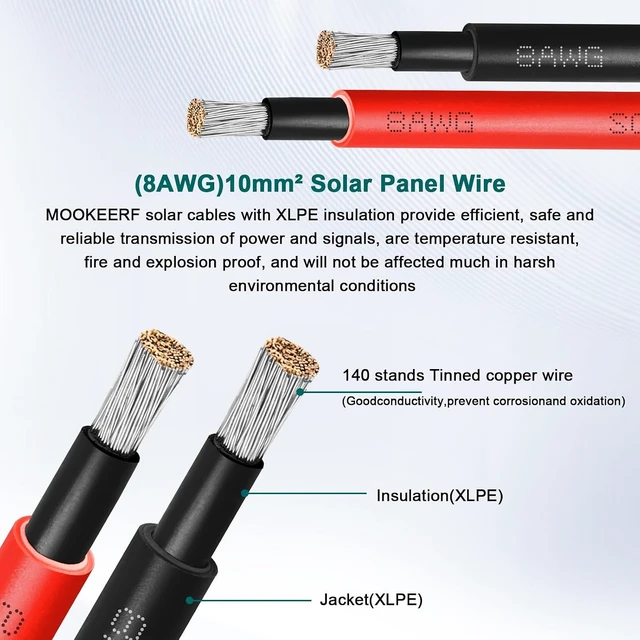 Alt view image 3 of 7 - 8AWG 10FT Solar Extension Panel Cable Waterproof Male & Female Connectors, PV Wire with Adapter Kit for RV, Home & Boat (10ft Red + 10ft Black)