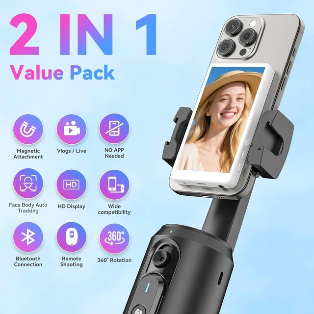 Alt view image 2 of 7 - Vlog Selfie Monitor Screen Pro with Built-in Speaker & 360° Auto Face Tracking Tripod, Magnetic 4K 60fps Vlogging Kit for iPhone/Android