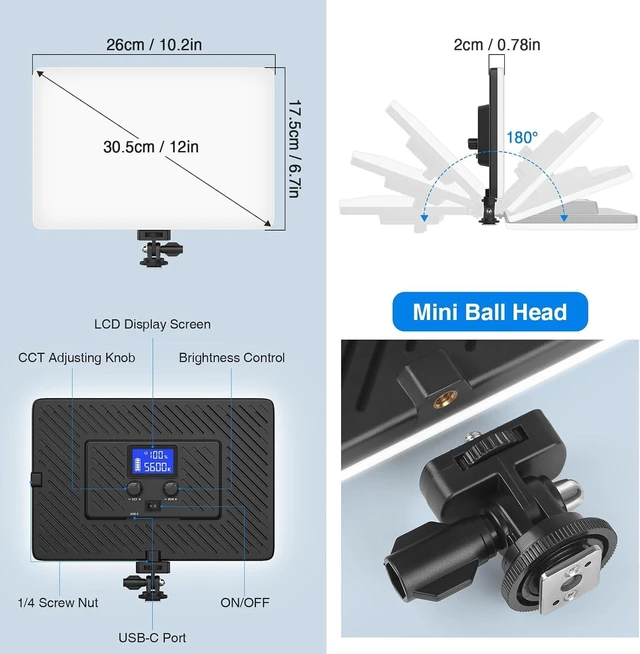 Alt view image 6 of 7 - 20W LED Video Photography Light Panel, Type-C & Built-in 4000mAh