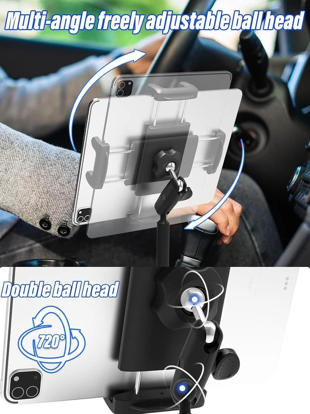 Alt view image 2 of 6 - Metal-Arm Cup Holder Car Tablet Mount 4.7-13" iPad & Phone, 720° Rotation, Adjustable Arm, Fits iPad Pro/Air/Mini, Galaxy Tab, iPhone