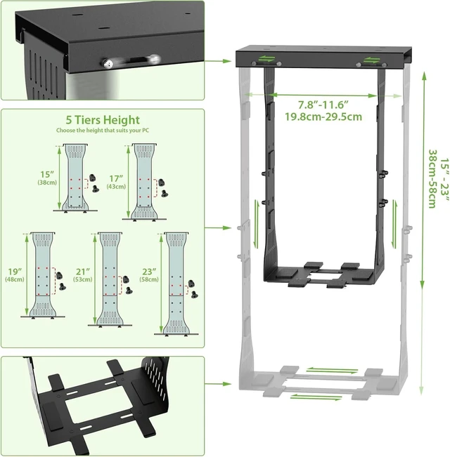 Alt view image 3 of 7 - Adjustable Heavy-Duty Under-Desk PC Mount for Standing Desks Computer Tower Holder Supports Up to 90 lbs with Secure Locking, Black