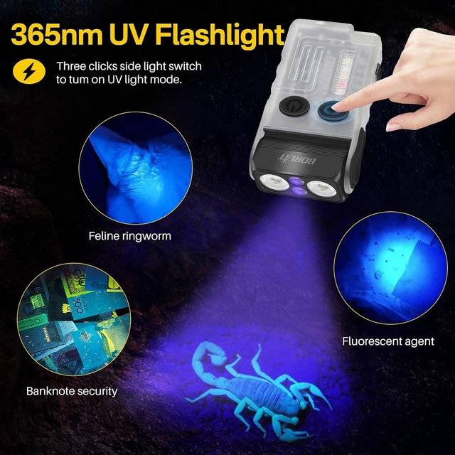 Alt view image 3 of 7 - V20 LED EDC Flashlight with 365nm UV Light 180° Swivel Head, USB-C Rechargeable, 13 Modes, IP67, Magnetic, 110dB Buzzer, Mini Keychain (White)