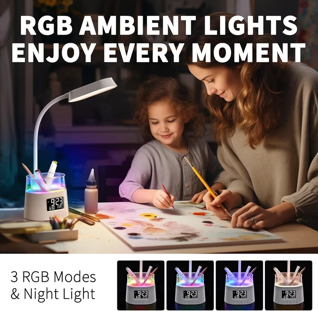 Alt view image 2 of 7 - LED Desk Lamp with Pen Holder, 3 Color Modes, Touch Control, Eye-Caring with Clock & Stepless Dimming