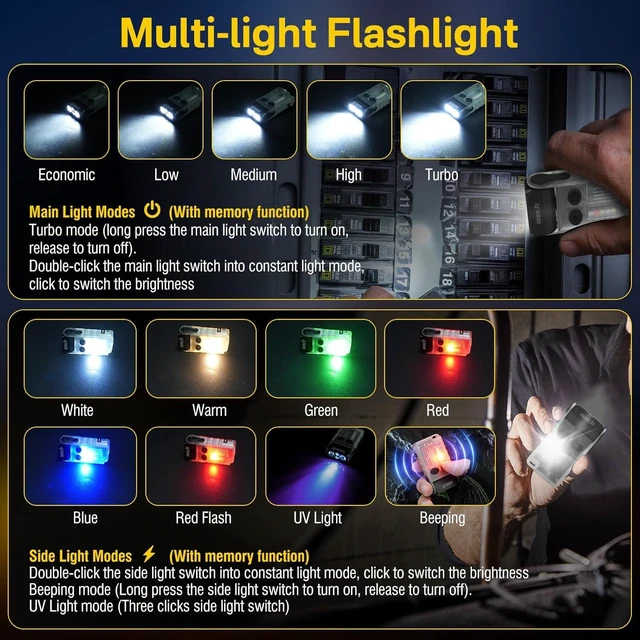 Alt view image 5 of 7 - V20 LED EDC Flashlight with 365nm UV Light 180° Swivel Head, USB-C Rechargeable, 13 Modes, IP67, Magnetic, 110dB Buzzer, Mini Keychain (White)