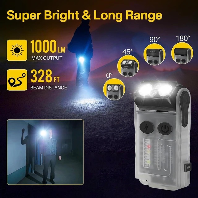 Alt view image 2 of 7 - V20 LED EDC Flashlight with 365nm UV Light 180° Swivel Head, USB-C Rechargeable, 13 Modes, IP67, Magnetic, 110dB Buzzer, Mini Keychain (White)