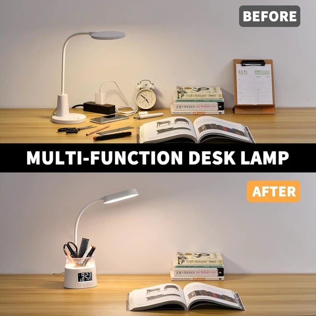 Alt view image 7 of 7 - LED Desk Lamp with Pen Holder, 3 Color Modes, Touch Control, Eye-Caring with Clock & Stepless Dimming