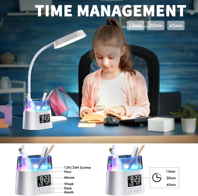 Alt view image 4 of 7 - LED Desk Lamp with Pen Holder, 3 Color Modes, Touch Control, Eye-Caring with Clock & Stepless Dimming