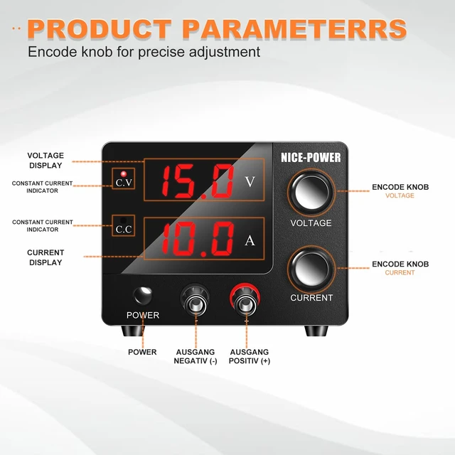 Alt view image 2 of 7 - Variable DC Bench Power Supply 0~30V 0~10A - 150W Adjustable with 3-Digit LED Display, Encoder, 15V 10A/30V 5A, for Electroplating & DIY PSU