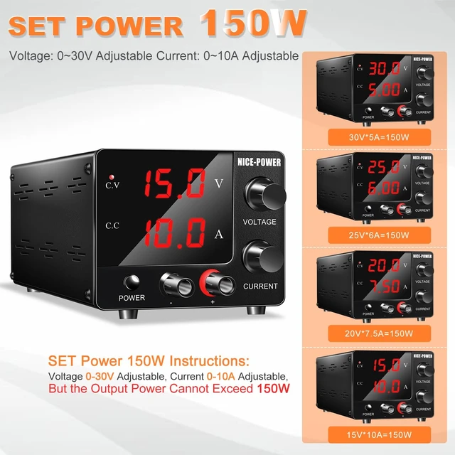 Alt view image 3 of 7 - Variable DC Bench Power Supply 0~30V 0~10A - 150W Adjustable with 3-Digit LED Display, Encoder, 15V 10A/30V 5A, for Electroplating & DIY PSU